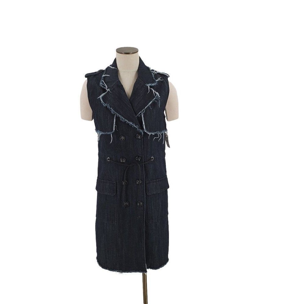 Hidden Jeans Dress Frayed Edges Sleeveless Knee Button Front Blue Denim Small